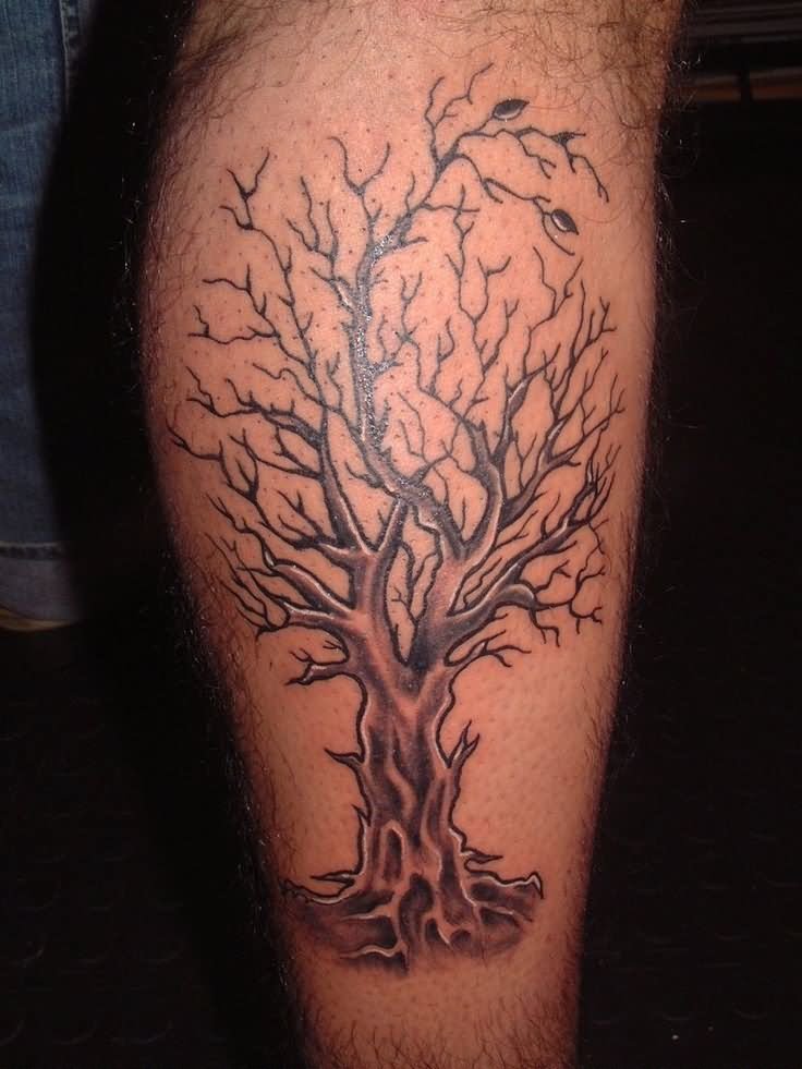 Black Ink Tree Without Leaves Tattoo On Right Leg Calf