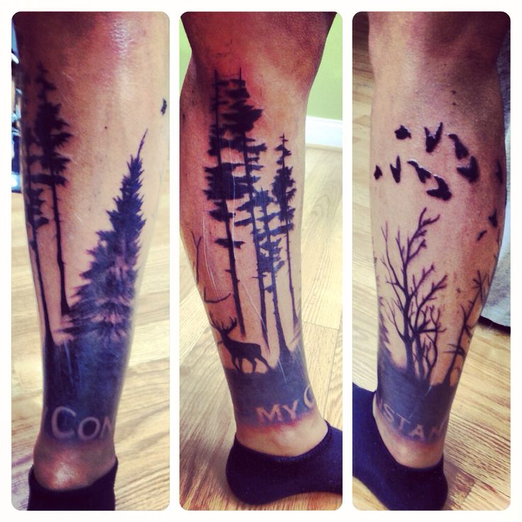Black Ink Trees With Flying Birds Tattoo On Leg Calf