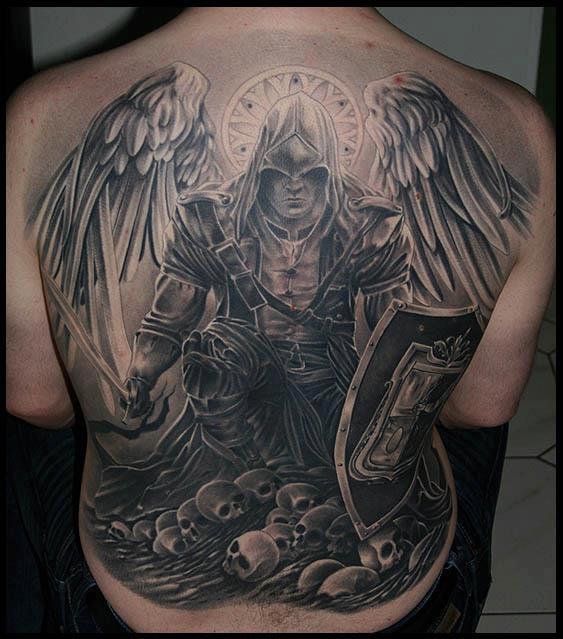 Black Ink Warrior With Wings Tattoo On Full Back