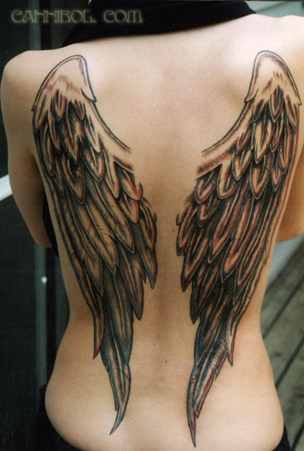 Black Ink Wings Tattoo On Back