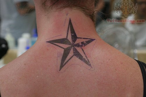 Black Nautical Star Tattoo Design For Men Back Neck