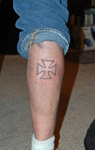 Black Outline Cross Tattoo Design For Leg Calf