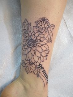 Black Outline Dahlia Flower Tattoo Design For Leg