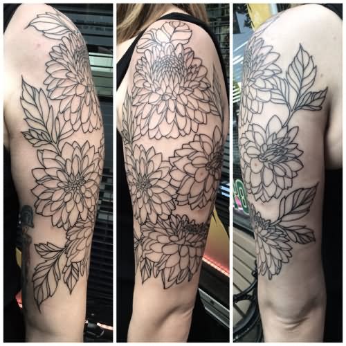 Black Outline Dahlia Flowers Tattoo On Left Half Sleeve