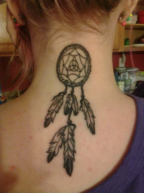 Black Outline Dreamcatcher Tattoo On Girl Back Neck