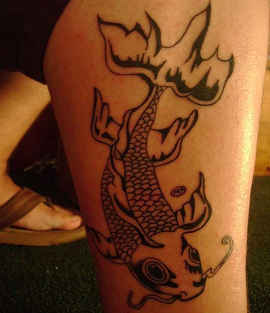 Black Outline Fish Tattoo Design For Leg Calf