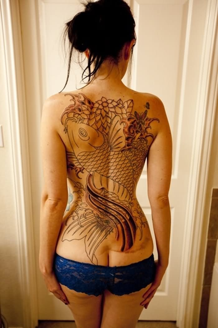 Black Outline Fish Tattoo On Women Full Back