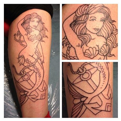 Black Outline Mermaid With Anchor Tattoo Design For Girl Leg Calf