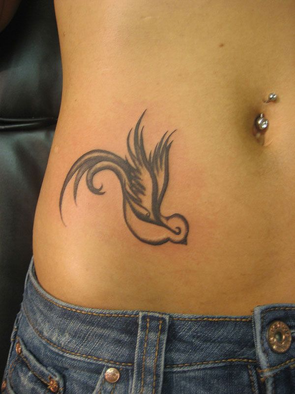 Black Outline Sparrow Tattoo On Right Hip