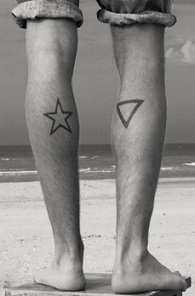 Black Outline Star And Triangle Tattoo On Both Leg Calf