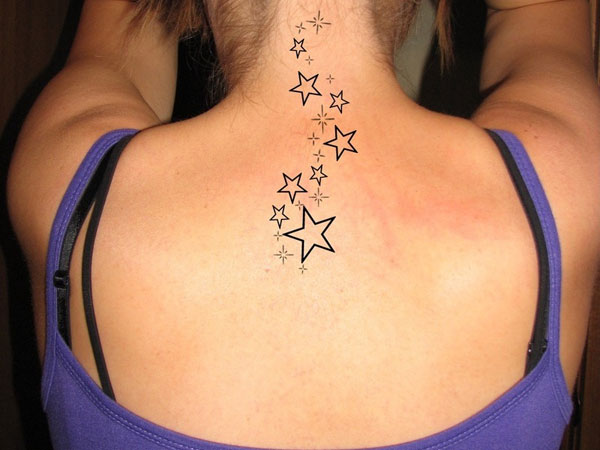Black Outline Stars Tattoo On Girl Back Neck