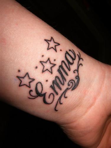 Black Outline Stars With Emma Name Tattoo Design For Wrist