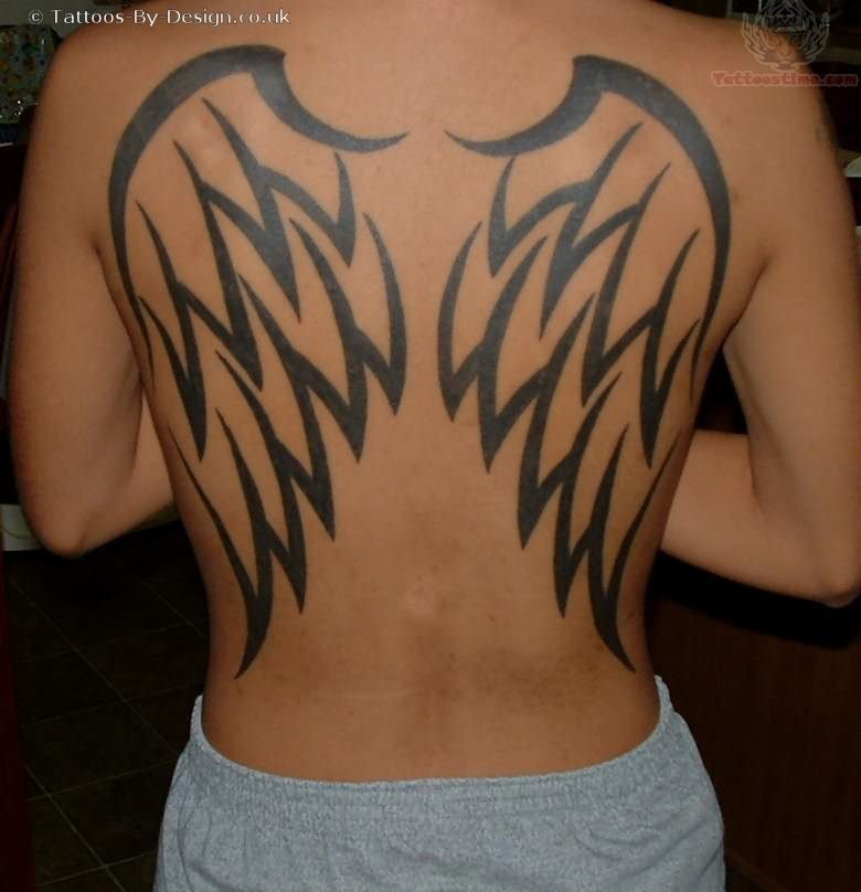 Black Outline Tribal Wings Tattoo On Full Back