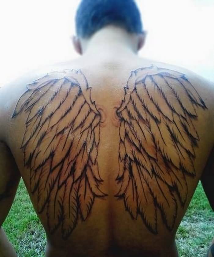Black Outline Wings Tattoo On Man Upper Back