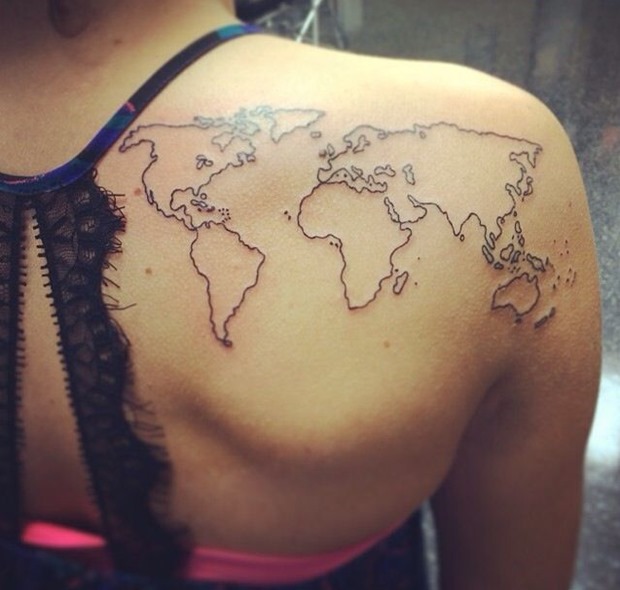 Black Outline World Map Tattoo On Women Right Back Shoulder