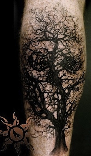 Black Tree Skull Tattoo On Leg Calf