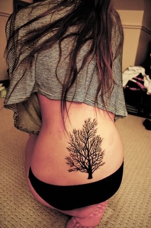 Black Tree Tattoo On Girl Lower Back