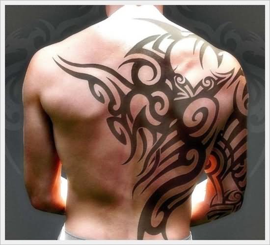 Black Tribal Design Tattoo On Back