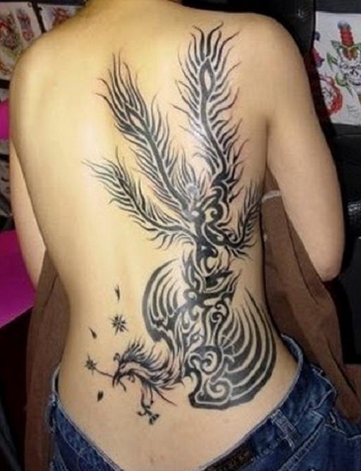 Black Tribal Phoenix Tattoo On Back