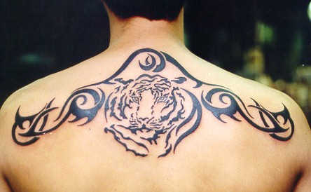 Black Tribal Tiger-Head Tattoo On Man Upper Back