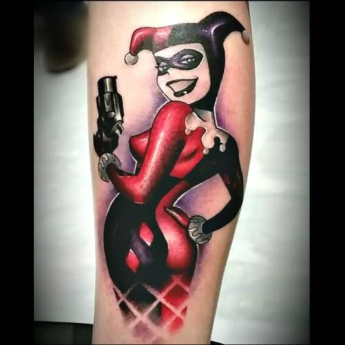Black and Red Ink Harley Quinn Tattoo On Arm by PJ Tatz