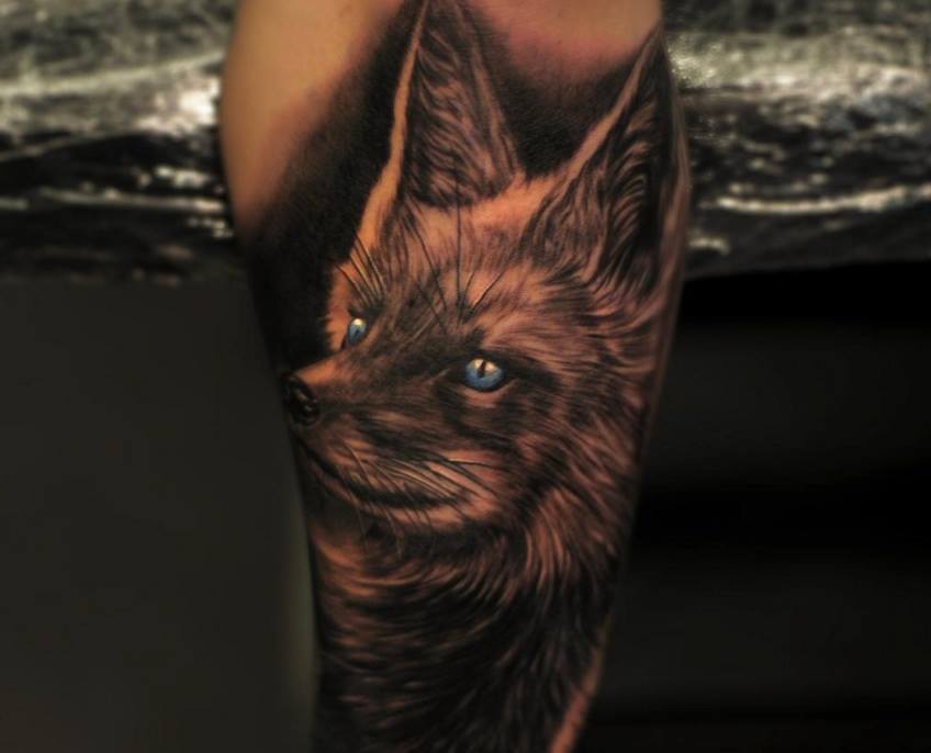 Blue Eyes Fox Tattoo On Sleeve by Dimitar Krkaliev