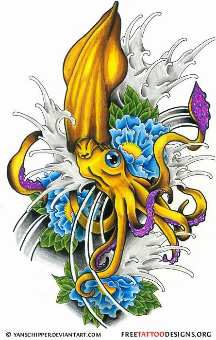 Blue Flowers And Squid Tattoo Design