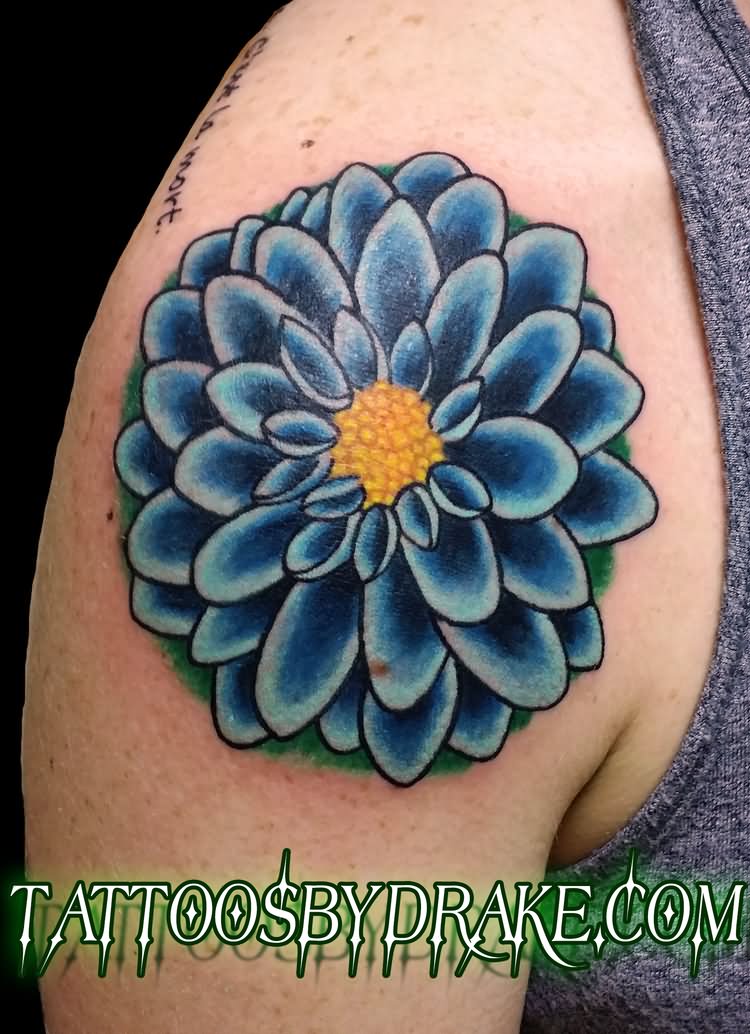 Blue Ink Dahlia Flower Tattoo Design For Shoulder