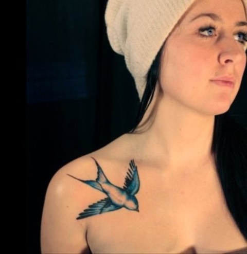 Blue Ink Sparrow Tattoo On Right Front Shoulder