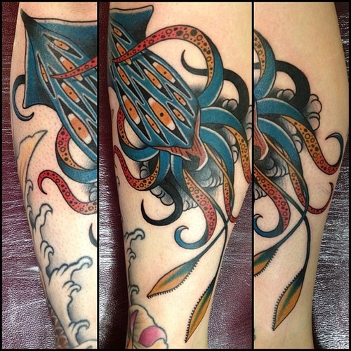 Blue Ink Squid With Multiple Eyes Tattoo by Nick Baldwin