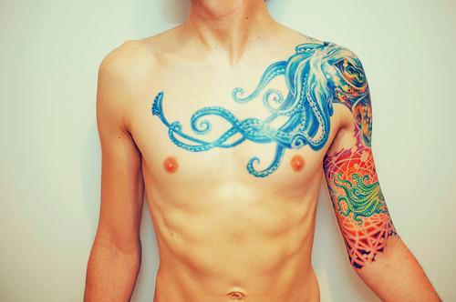 Blue Octopus And Squid Tattoo On Front Shoulder