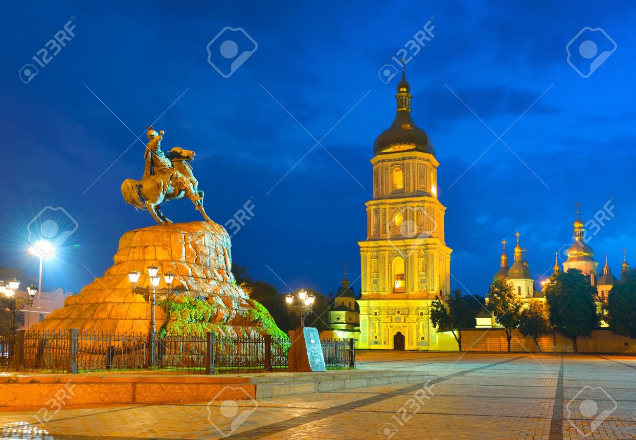 Bogdan Khmelnitsky Monument And Saint Sophia Cathedral Bell Tower at Night