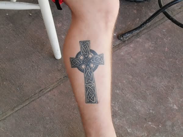 Celtic Cross Tattoo On Right Leg Calf