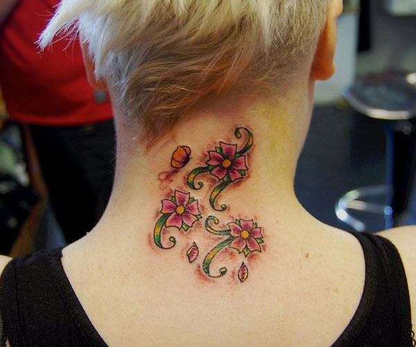 Cherry Blossom Flowers Tattoo On Women Back Neck