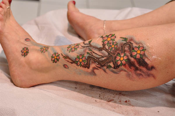 Cherry Blossom Tattoo On Girl Left Leg Calf