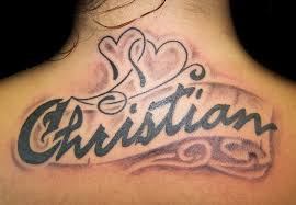 Christian Name Banner Tattoo On Back Neck
