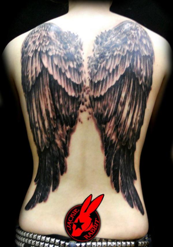 Classic Black Ink Angel Wings Tattoo On Full Back