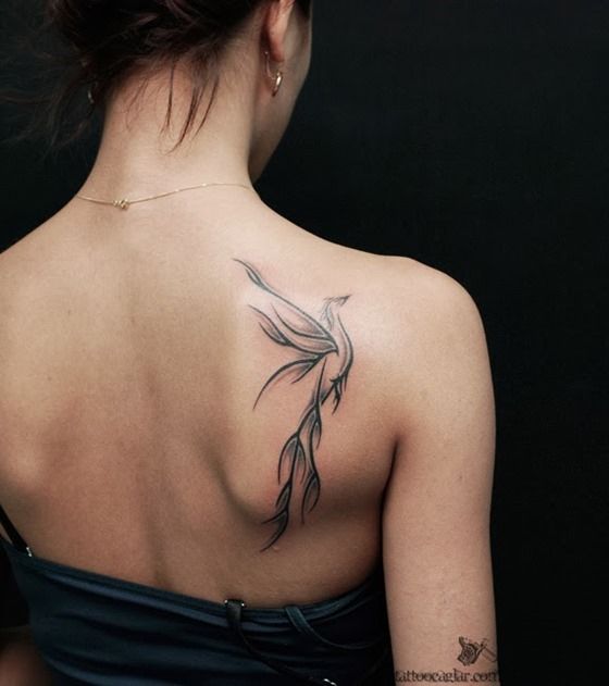 Classic Black Ink Bird Tattoo On Women Right Back Shoulder