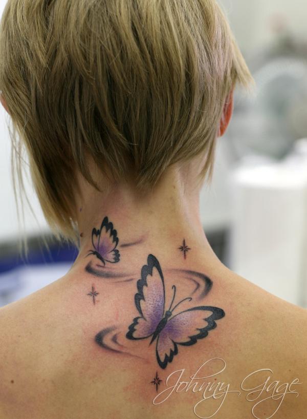 Classic Butterflies Tattoo On Back Neck By Johnny Gage