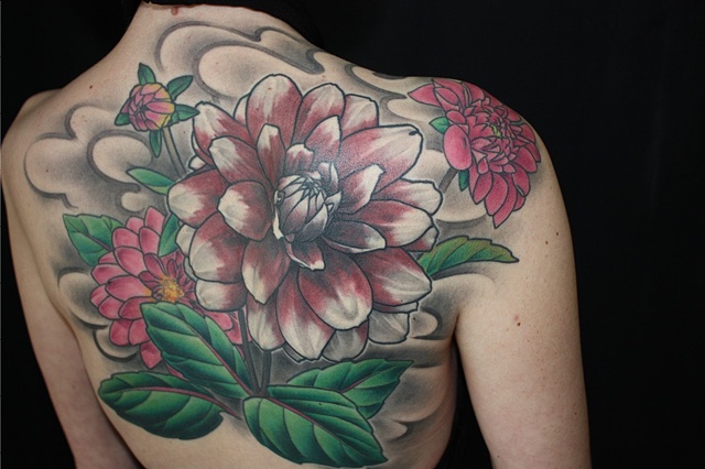 Classic Dahlia FLowers Tattoo On Upper Back By Danny Gordey