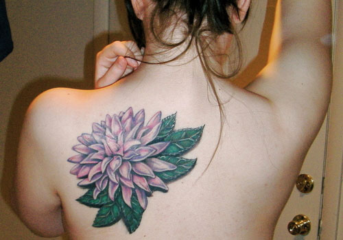 Classic Dahlia Flower Tattoo On Girl Left Back Shoulder