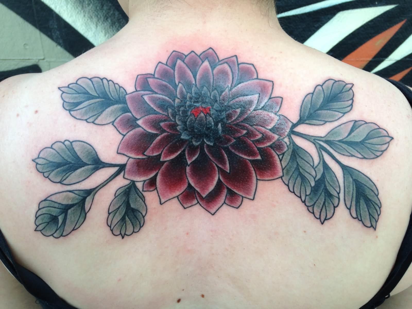 Classic Dahlia Flower Tattoo On Upper Back