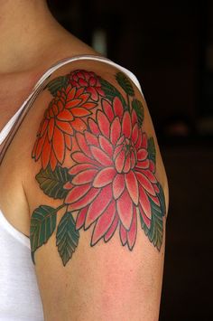 Classic Dahlia Flowers Tattoo On Left Shoulder