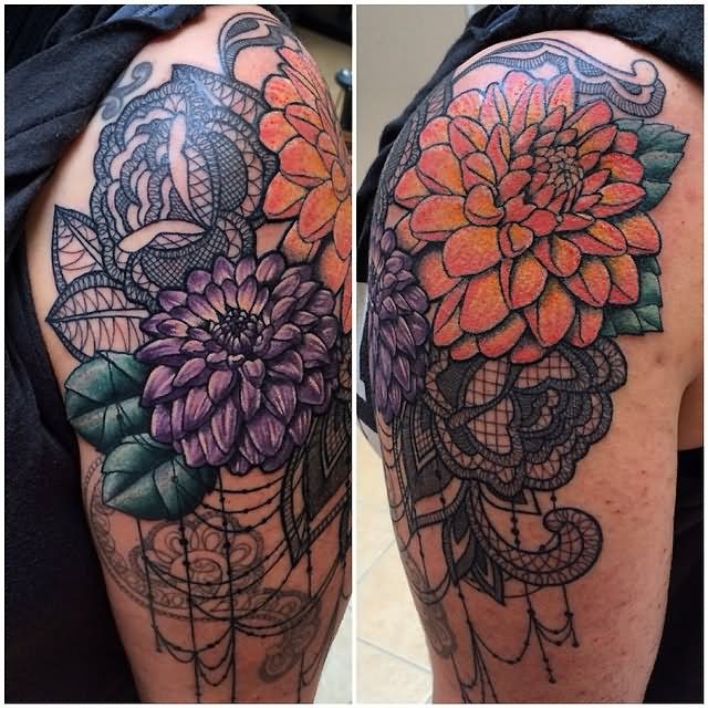 Classic Dahlia Flowers Tattoo On Shoulder