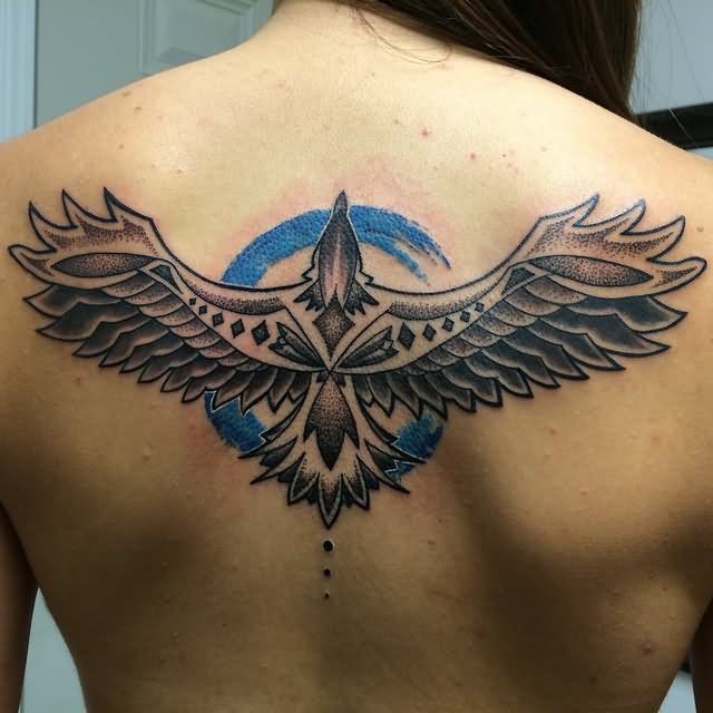 Classic Dotwork Eagle Tattoo On Upper Back