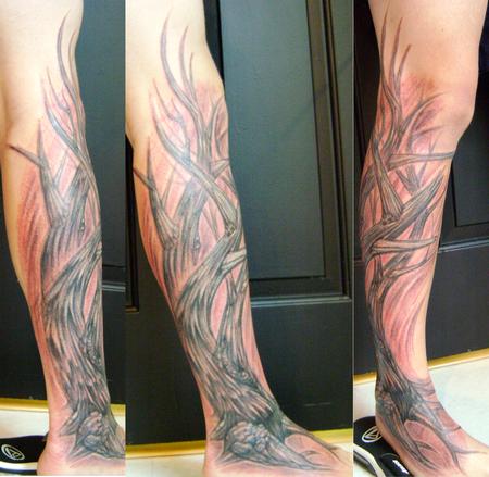 Classic Grey Ink Tree Tattoo On Right Leg Calf