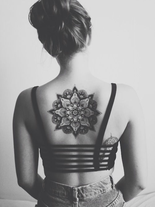 Classic Mandala Flower Tattoo On Women Upper Back