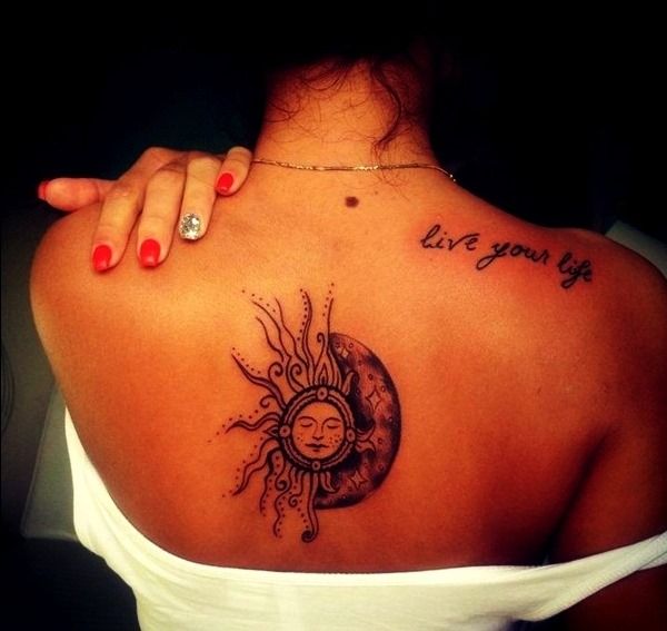 Classic Moon With Half Moon Tattoo On Girl Upper Back