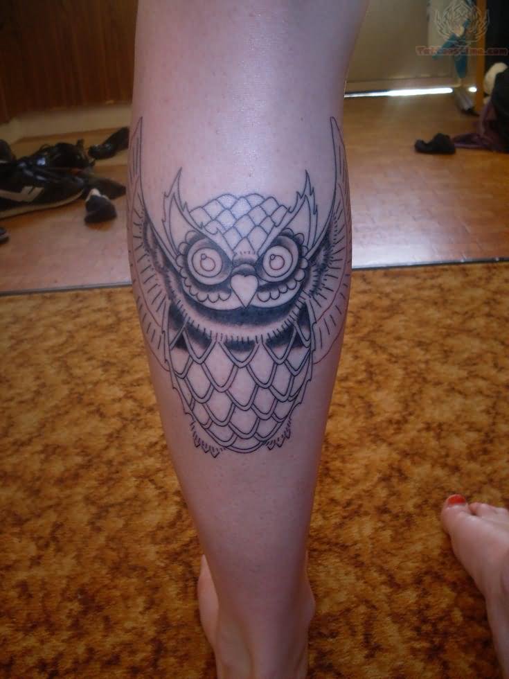 Classic Owl Tattoo On Left Leg