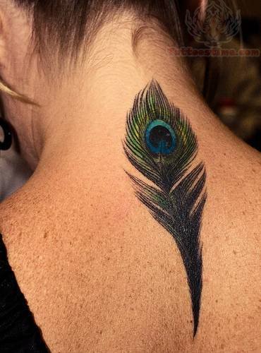 Classic Peacock Feather Tattoo On Girl Back Neck